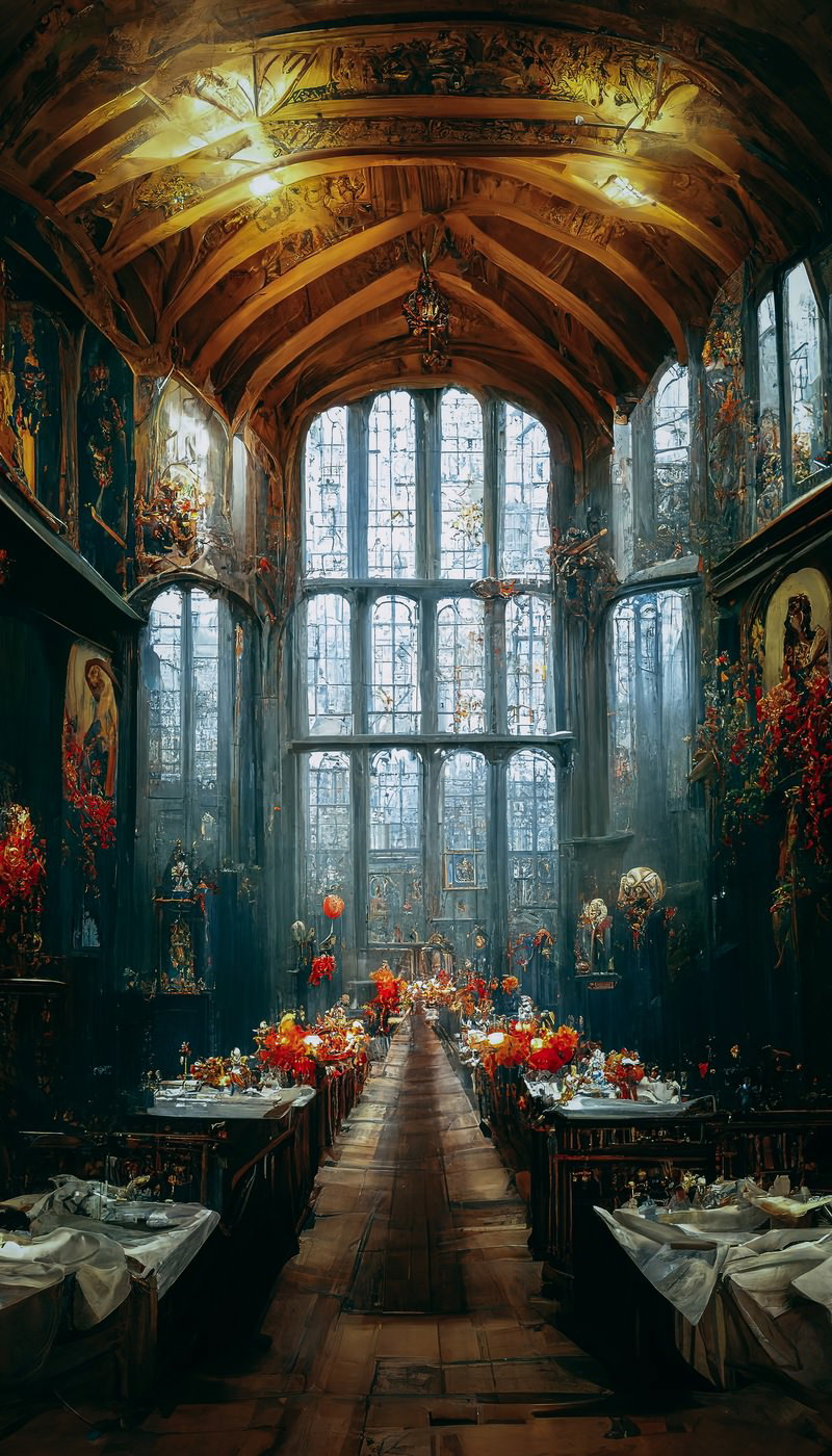 高い天井と美しいステンドグラスの窓がある大聖堂風の礼拝堂内部