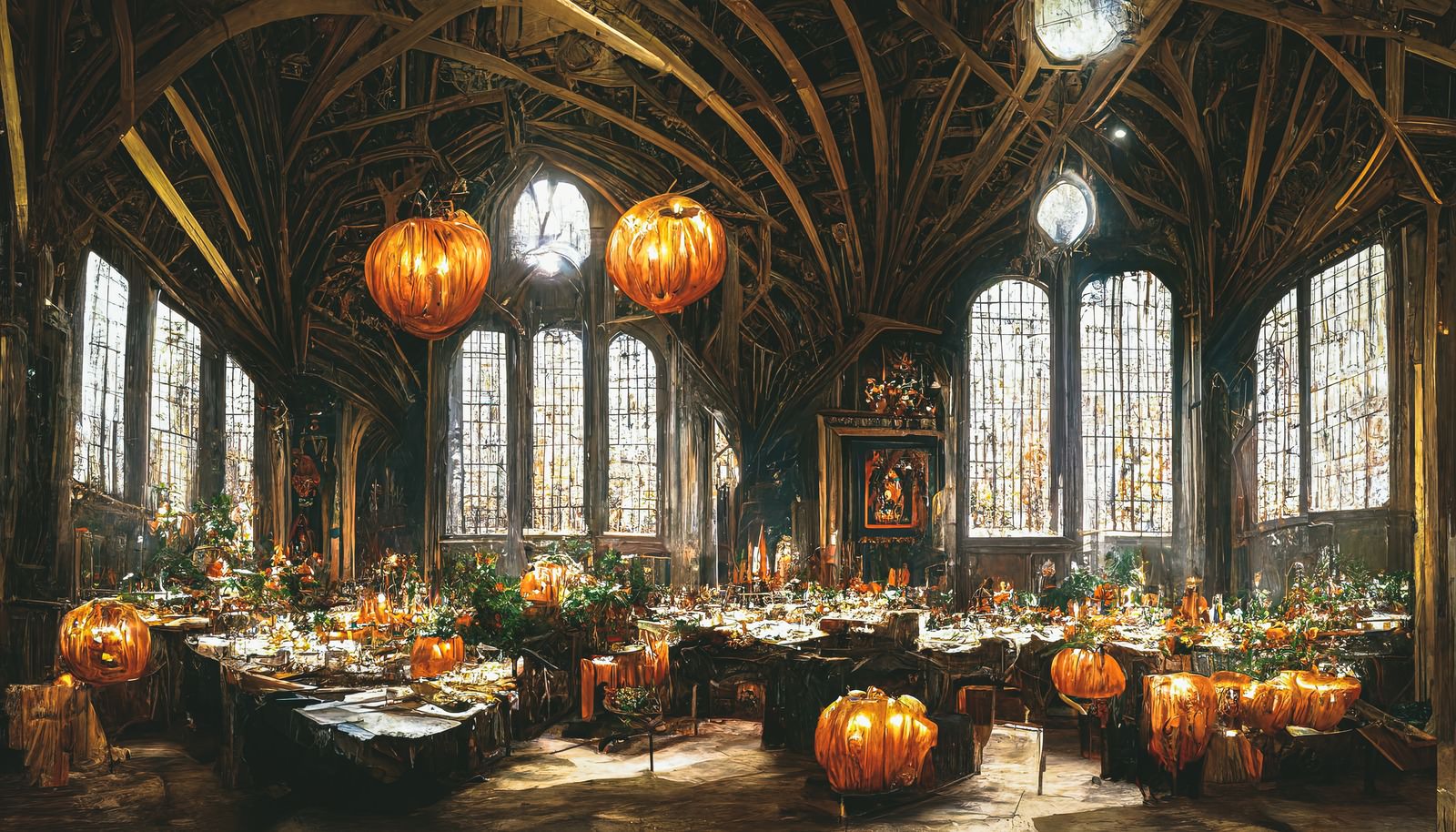 ハロウィン装飾の中世風晩餐会ホール