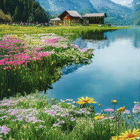 山間の湖畔に咲く花々と小屋の風景の写真