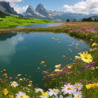 湖畔を囲むコスモス風の花と山々の風景の写真