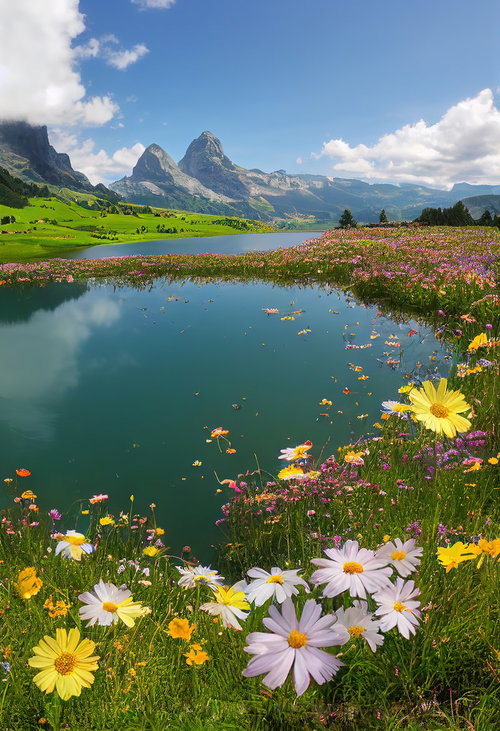 湖畔を囲むコスモス風の花と山々の風景