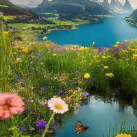 湖畔に咲いた色とりどりの花と山々の風景の写真