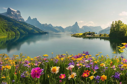 山奥の湖畔に咲くコスモス畑～秋の自然風景