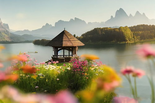 湖の上に建つ見晴台と山並みの風景、野花が咲く癒しの湖畔
