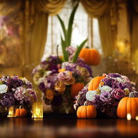 テーブル上に置かれたハロウィン風の花とカボチャの装飾の写真