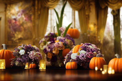 テーブル上に置かれたハロウィン風の花とカボチャの装飾