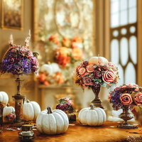 かぼちゃとテーブルフラワーで装う秋のハロウィンデコレーションの写真
