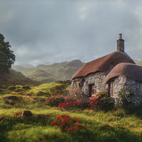 山奥の緑に囲まれた石造りの小さな小屋と赤い屋根の写真