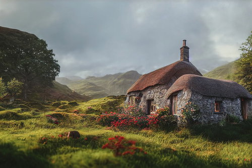 山奥の緑に囲まれた石造りの小さな小屋と赤い屋根