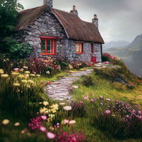 霧がかかる山の中に建つ石造りの小屋の写真