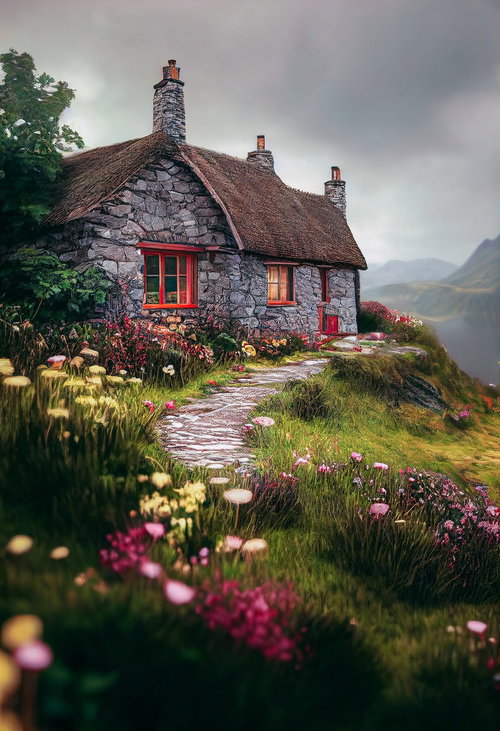 山奥の登山道に佇む石造りの小屋、赤い屋根と花が映える