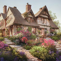 色とりどりの花が咲く花壇と洋風住宅の外観の写真