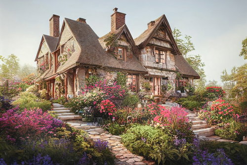 色とりどりの花が咲く花壇と洋風住宅の外観