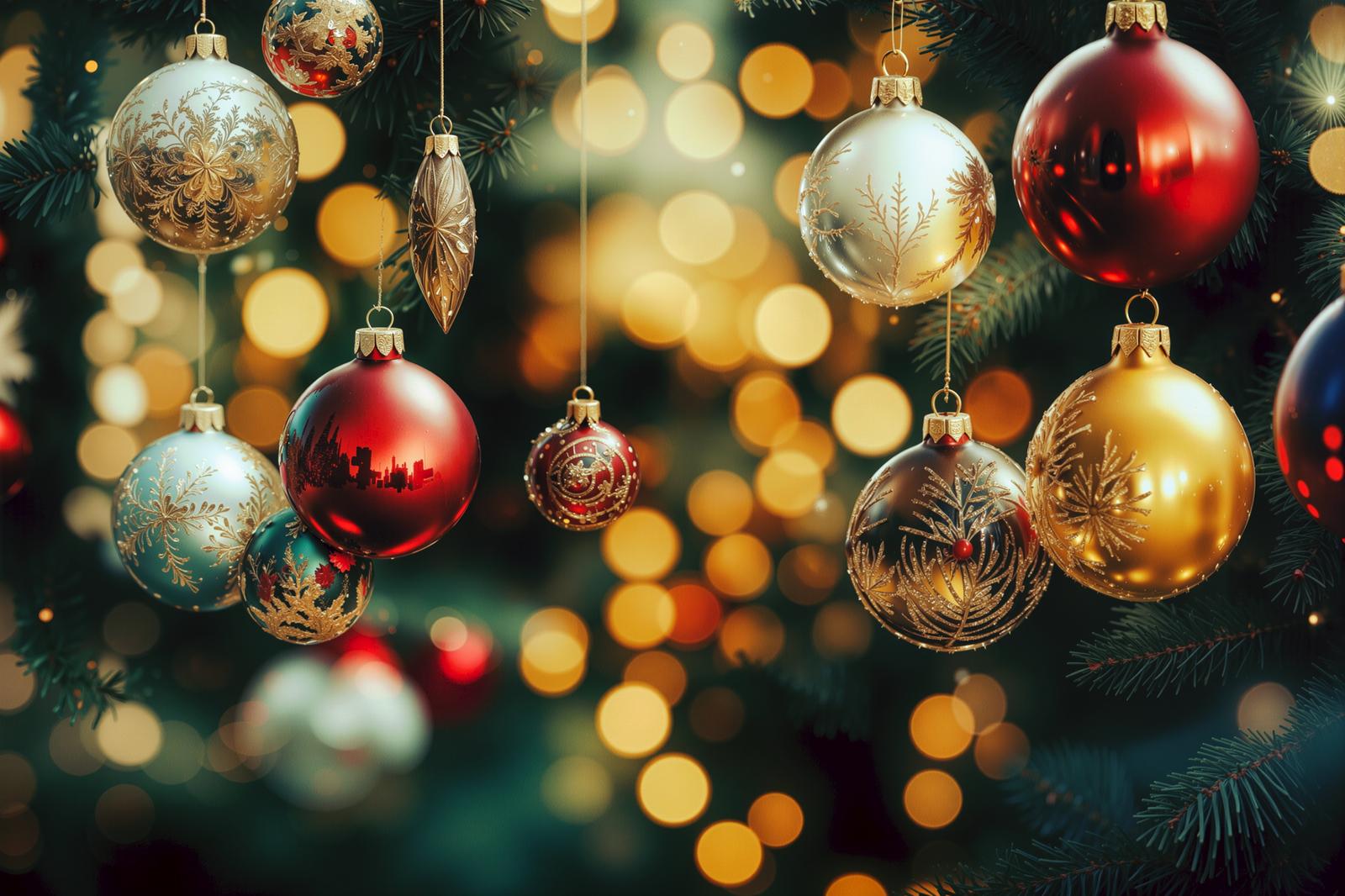 金色と赤色のオーナメントが飾られたクリスマスツリーと温かな光の玉ボケ