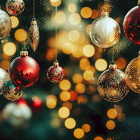 煌めくクリスマスツリーの灯りとオーナメントの装飾の写真