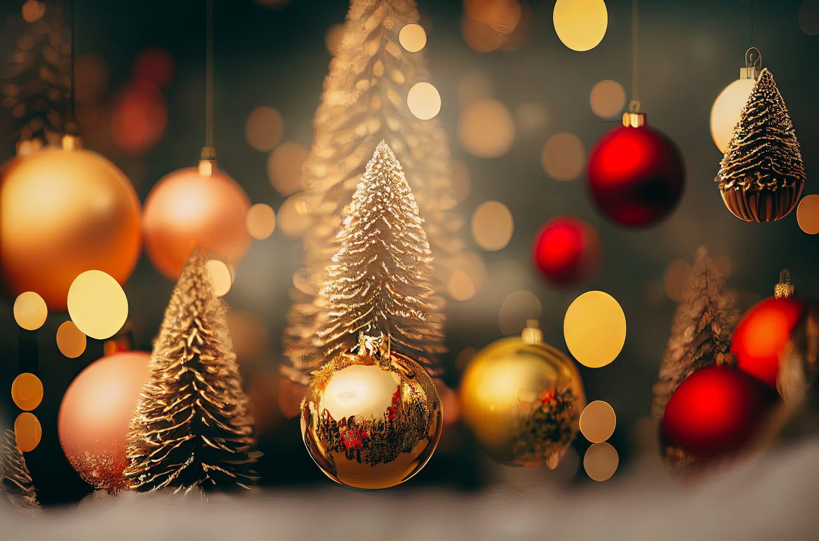 ゴールドとレッドのオーナメントボールが光に包まれるクリスマスツリー
