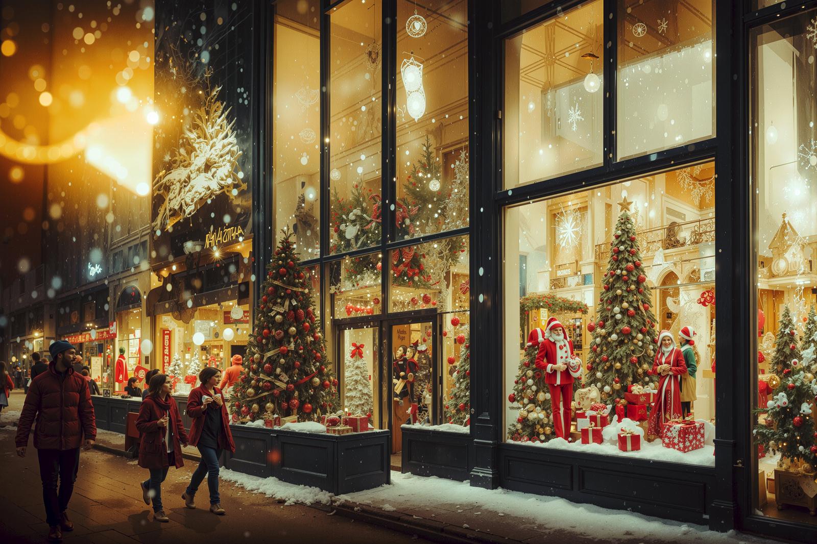 雪の夜のショーウィンドウに並ぶクリスマス飾り