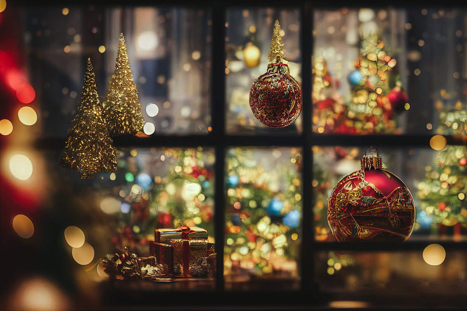 窓越しに並ぶクリスマスのオーナメントとミニツリー