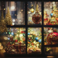 ショーウィンドウから見えるオーナメントとクリスマスツリーの写真