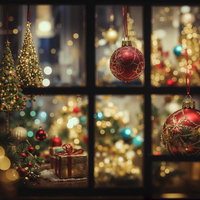 窓辺に飾られた赤いクリスマスオーナメントとイルミネーションの写真