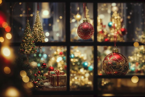 窓辺に飾られた赤いクリスマスオーナメントとイルミネーション