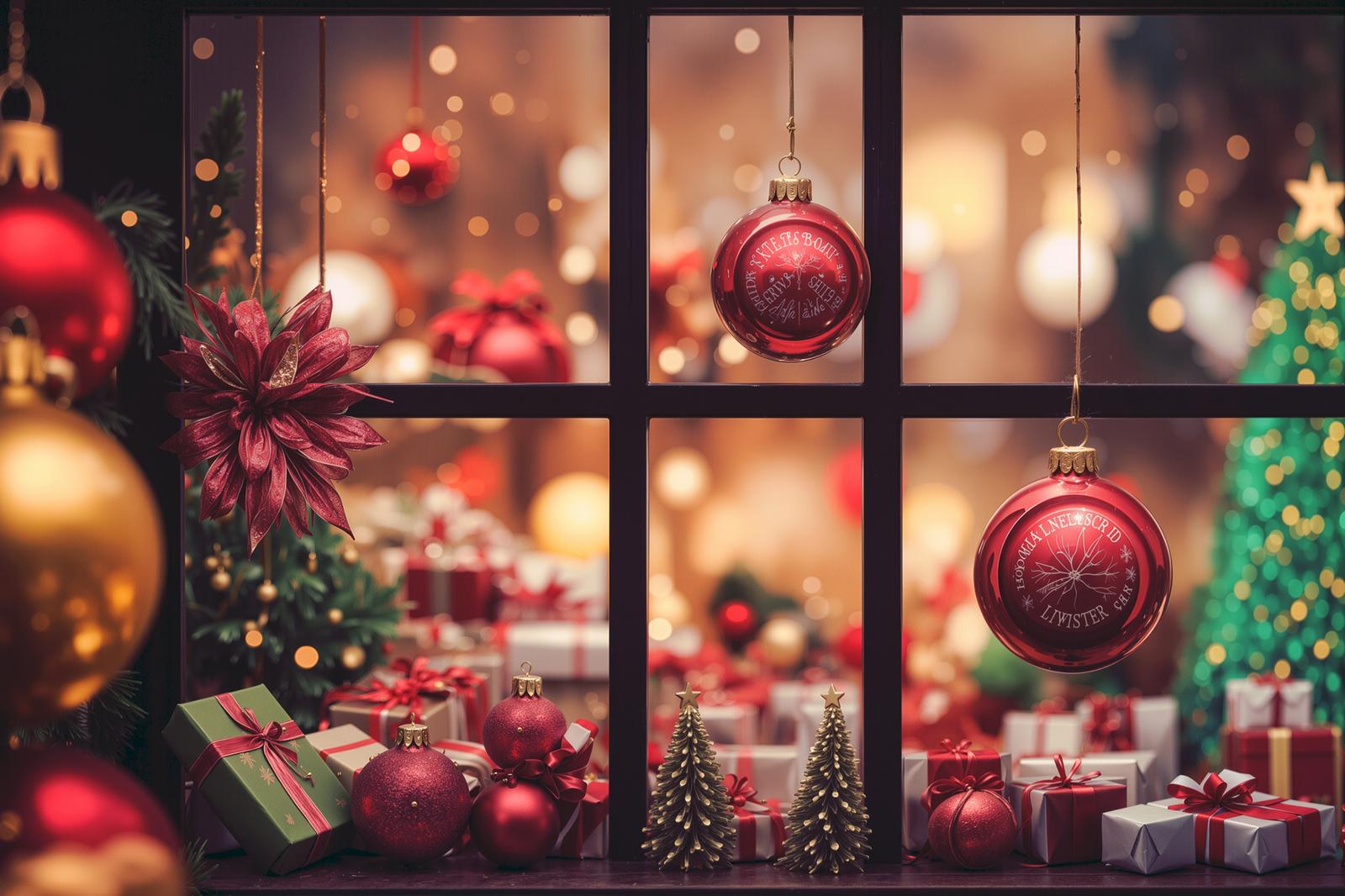 窓際のクリスマスツリーと赤いオーナメント、ギフトボックスが暖かな光に包まれている