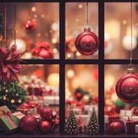 窓際に飾るクリスマスツリーと赤いオーナメント、ギフトボックスの装飾の写真