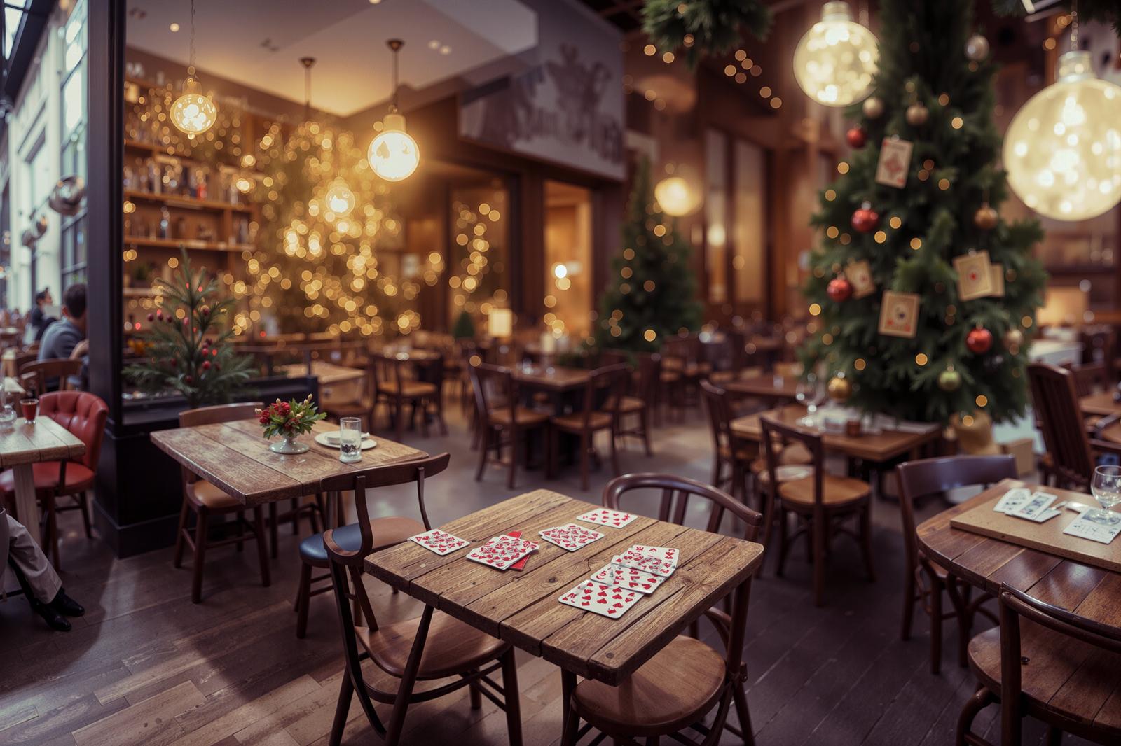 ライトで装飾されたクリスマスツリーが設営されたカフェの店内