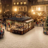 クリスマスマーケット風の夜間イベント設営とライトアップの写真