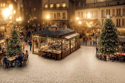 クリスマスマーケット風の夜間イベント設営とライトアップ