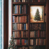 書斎の本棚に飾られたクリスマスツリーの絵画の写真