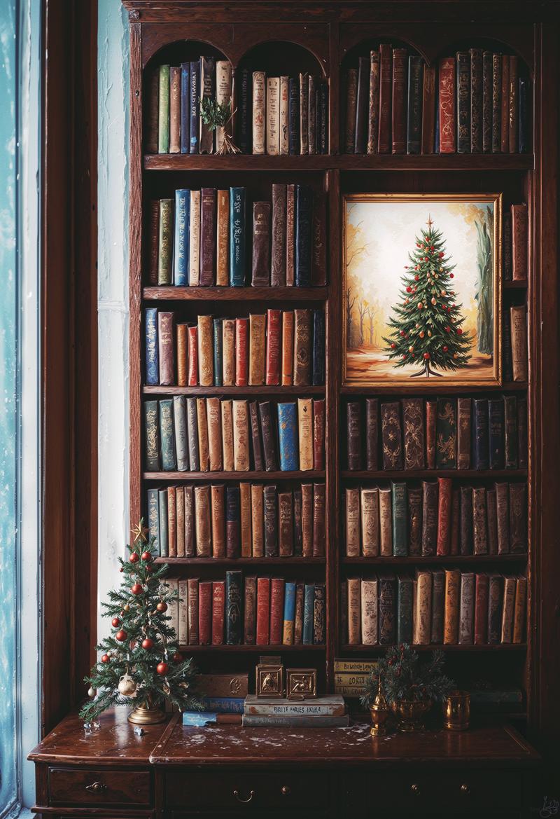 木製本棚に洋書が並び中央にクリスマスツリーの絵画が飾られた書斎