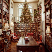 本棚に囲まれた書斎に飾られたクリスマスツリーの写真