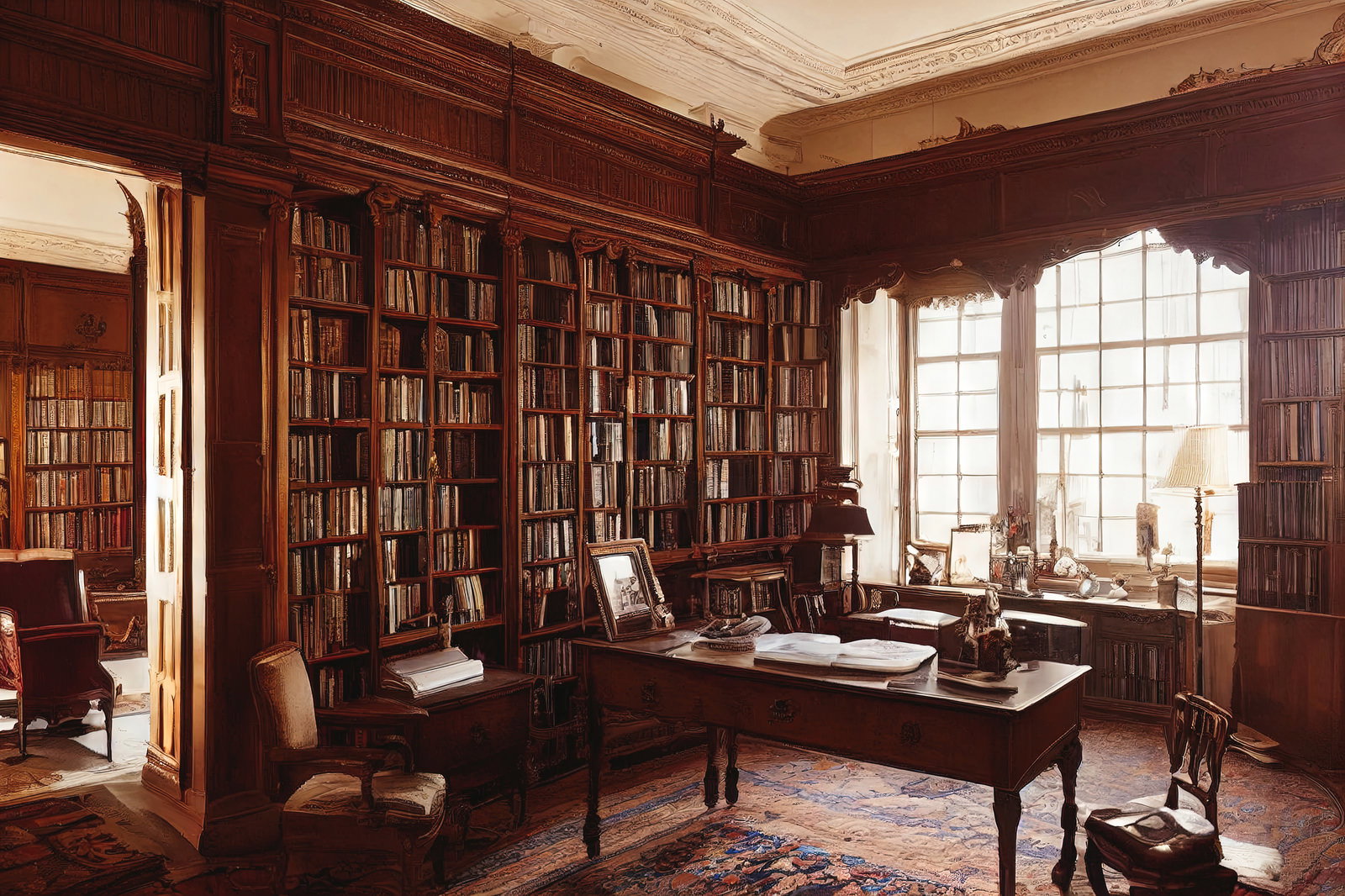 赤褐色の木製本棚に囲まれた光の差す洋館風の書斎