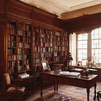 窓からの光が差し込む古典的な洋館の書斎と木製本棚の写真