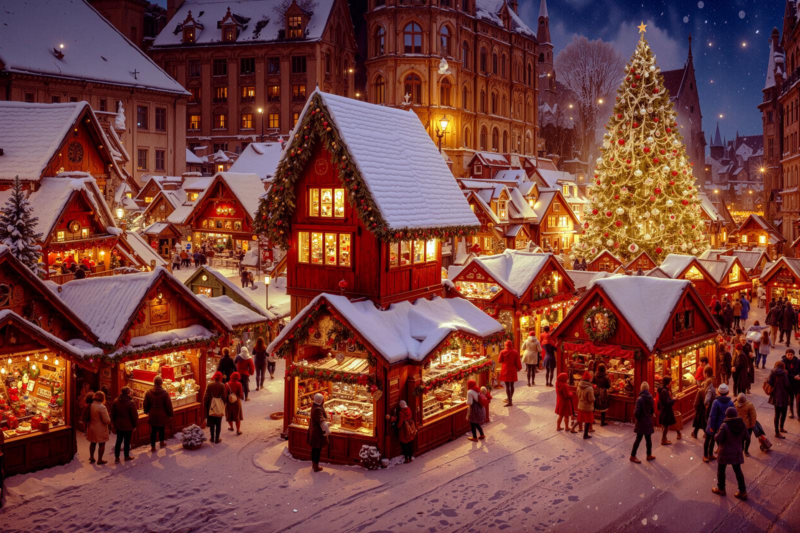 雪降る夜のクリスマスマーケットで光る屋台とイルミネーションが輝くクリスマスツリー