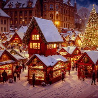 雪降る夜のクリスマスマーケット風景、イルミネーションと屋台の写真