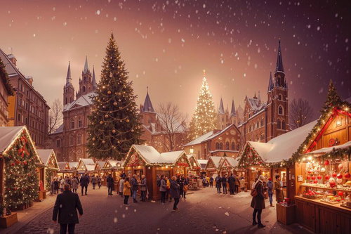 雪降るクリスマスマーケットで賑わう村の夜景