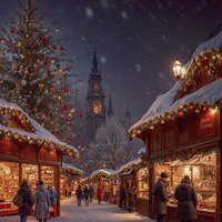 明かりを灯すクリスマスマーケットの雪景色の写真