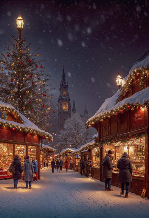 明かりを灯すクリスマスマーケットの雪景色