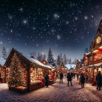 雪降るイルミネーションで彩るクリスマスマーケットの写真