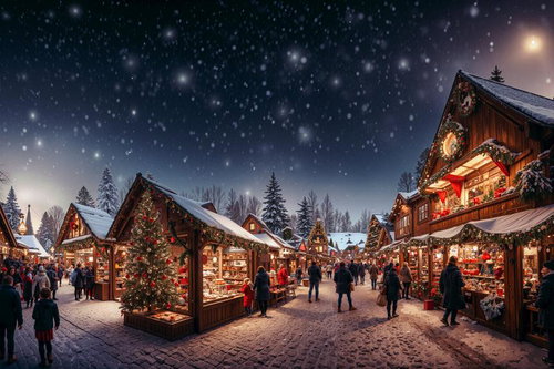 雪降るイルミネーションで彩るクリスマスマーケット