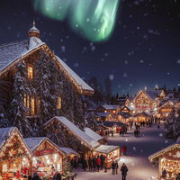 クリスマスマーケット風の村で舞い落ちる雪とオーロラの写真