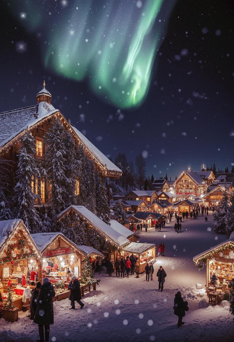 緑色のオーロラが輝く夜空の下、雪に覆われた村とクリスマスマーケット