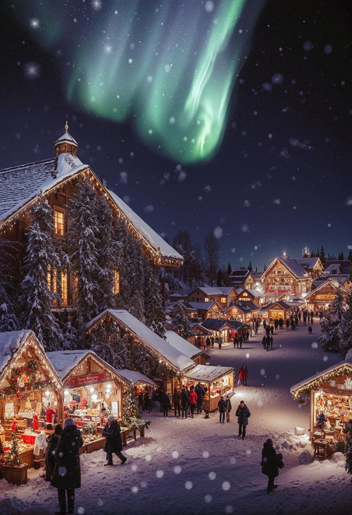 クリスマスマーケット風の村で舞い落ちる雪とオーロラ