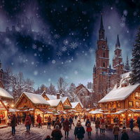 舞い散る雪とクリスマスマーケットのイルミネーションの写真