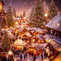 雪が降るクリスマスムード一色の街とイルミネーションの写真