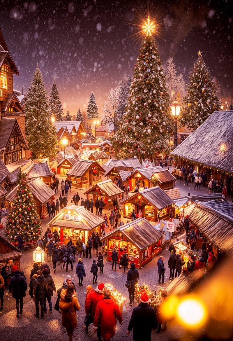 雪が降る夜のクリスマスマーケット、屋台とクリスマスツリーが温かい光で照らされている