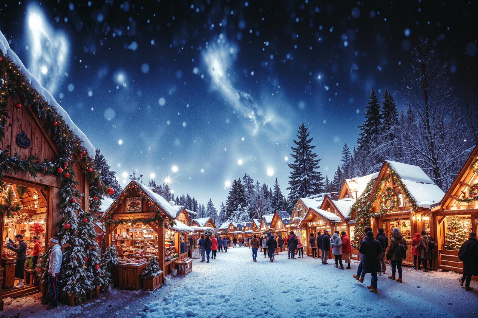 雪が降る夜のクリスマスマーケットで温かい光に照らされた屋台と人々