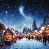 雪が降る夜のライトアップされたクリスマスショップの写真